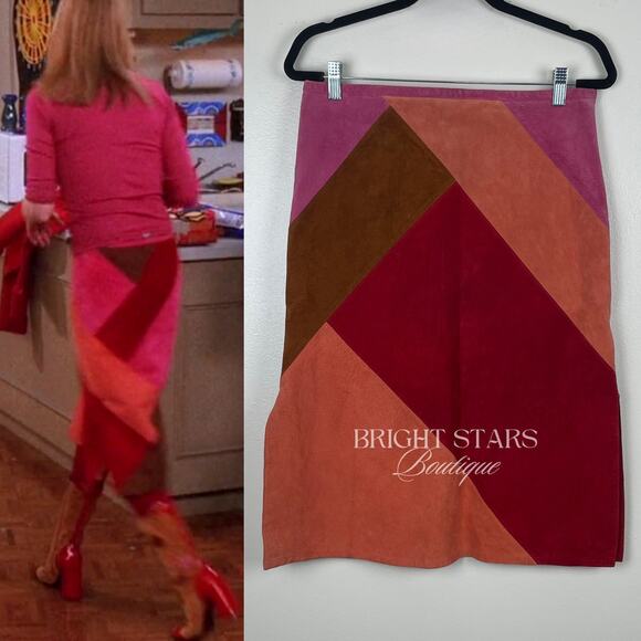 Rare Colorblock Suede Skirt ASO Phoebe Buffay Friends Pink Red Brown Patchwork - Picture 1 of 11